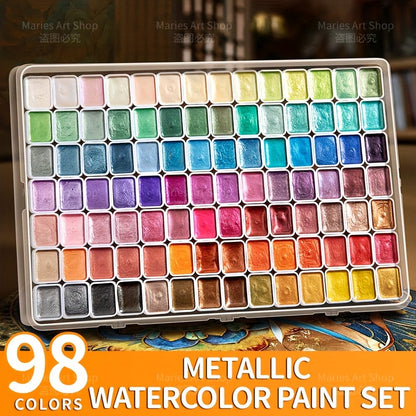 Ensemble de 98 aquarelles métallisées scintillantes, pigments perlés de qualité supérieure avec étui portable, haute résistance à la lumière pour illustration sur toile, scrapbooking, décoration, fournitures d'art pour artistes et amateurs.