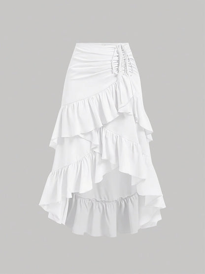 Women's Asymmetrical Pleated Hem Multi-Layer Midi Skirt – Flowy Chiffon-Style 100% Polyester Spring Fall Fashion Tiered Ruffle Swing Skirt