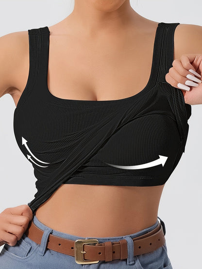 Women's Scoop Neck Tank Top Removable Chest Padding Slim Fit Casual Summer Sleeveless Top 8 Colors XS-XL