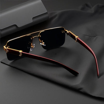 Lunettes de vue homme semi-cerclées style affaires – Monture en métal légère avec embouts de branches effet bois, lunettes fantaisie sans correction pour le bureau, la conduite, les voyages et le quotidien