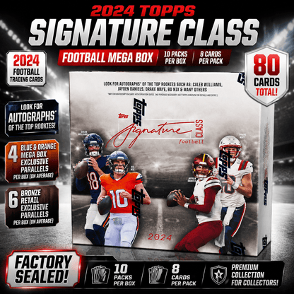 2024 Signature Class Football Trading Card Mega Box – 80 Cards Factory Sealed, 10 Packs × 8 Cards, Hobby Collector Set for Card Breaks, Binder Display & Trading – Ideal Sports Gift