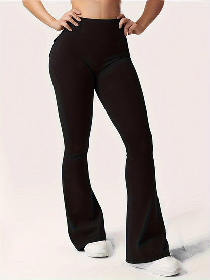 Ensemble 3 pièces pour femme : pantalon de yoga évasé à taille haute avec ceinture et poches, legging galbant effet push-up, squat-proof, 90 % polyester extensible, coupe évasée pour le sport, la gym, la course et le quotidien