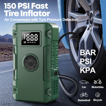 Démarreur de batterie 10000A 7-en-1 avec compresseur d'air 150PSI – Booster de batterie portable pour moteurs essence et diesel, pompe haute pression, kit d'urgence pour véhicule, batterie externe