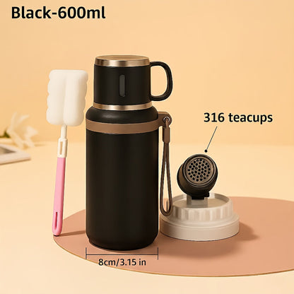 Gobelet isotherme en acier inoxydable de 600 ml, double paroi sous vide, couvercle étanche avec poignée, brosse de nettoyage incluse, pour boissons chaudes et froides, voyage, bureau, salle de sport, bouteille d'eau extérieure, 20 oz
