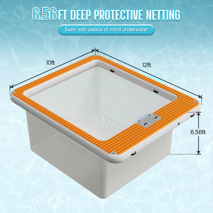 LUXOAK Inflatable Sea Pool Floating Dock 13x13FT with Dual Depth Design, 0.7mm PVC Safety Mesh Net & EVA Non-Slip Surface, Modular Ocean Party Platform for Water Recreation, Family Beach Fun