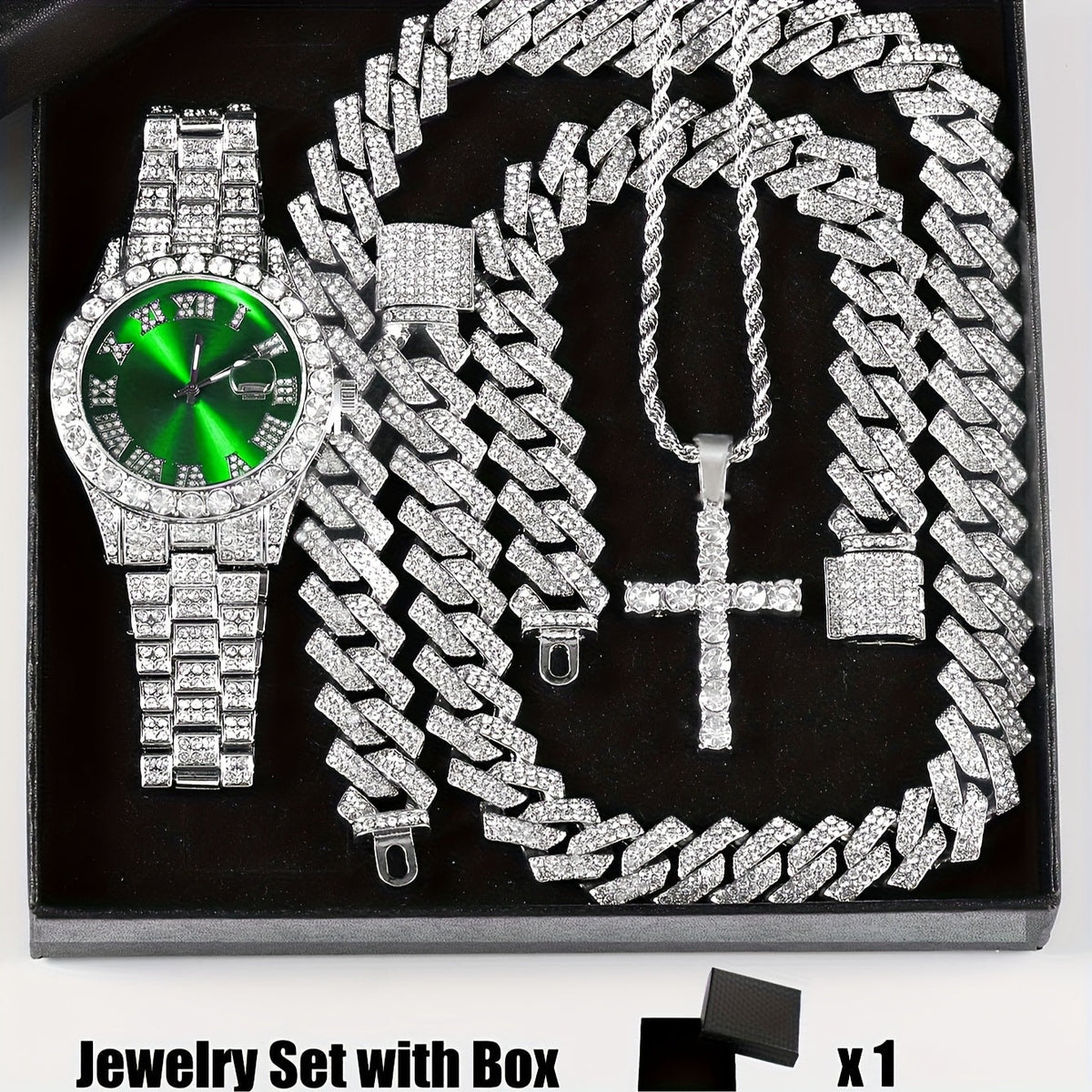 Parure de bijoux 4 pièces avec montre strass et pendentif croix, montre-bracelet analogique à quartz, collier, bracelet et boucles d'oreilles, cadeau unisexe pour lui ou elle, mariage