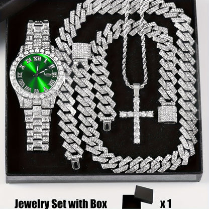 Parure de bijoux 4 pièces avec montre strass et pendentif croix, montre-bracelet analogique à quartz, collier, bracelet et boucles d'oreilles, cadeau unisexe pour lui ou elle, mariage