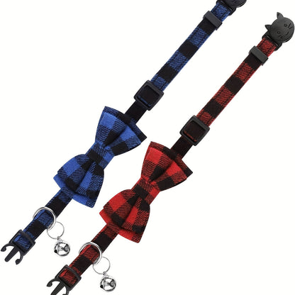 Lot de 4 colliers pour chat avec clochettes - Collier réglable de 19 à 30 cm, motif écossais, boucle de sécurité anti-étranglement avec clochette et nœud pour chatons et petits chiens, tissu confortable, ensemble multicolore