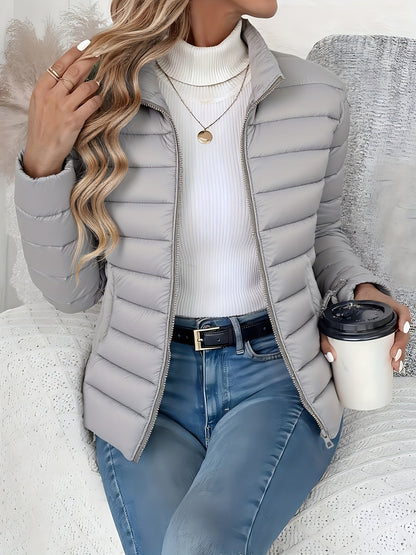 Doudoune matelassée légère pour femme, manteau rembourré à col montant, fermeture zippée, veste courte, coupe ajustée automne-hiver