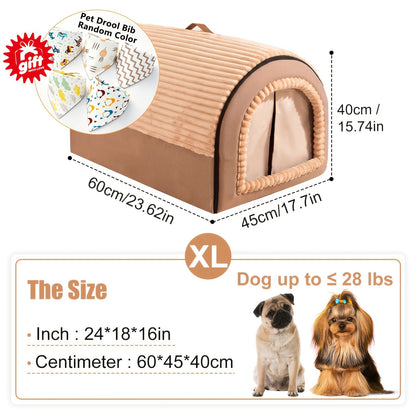 Niche pour chien pliable 2-en-1 toutes saisons – Maison pour animaux entièrement fermée avec poignée, nid douillet, doux et antidérapant, lavable pour chiens et chats de grande, moyenne et petite taille – Bavoir offert – Velora