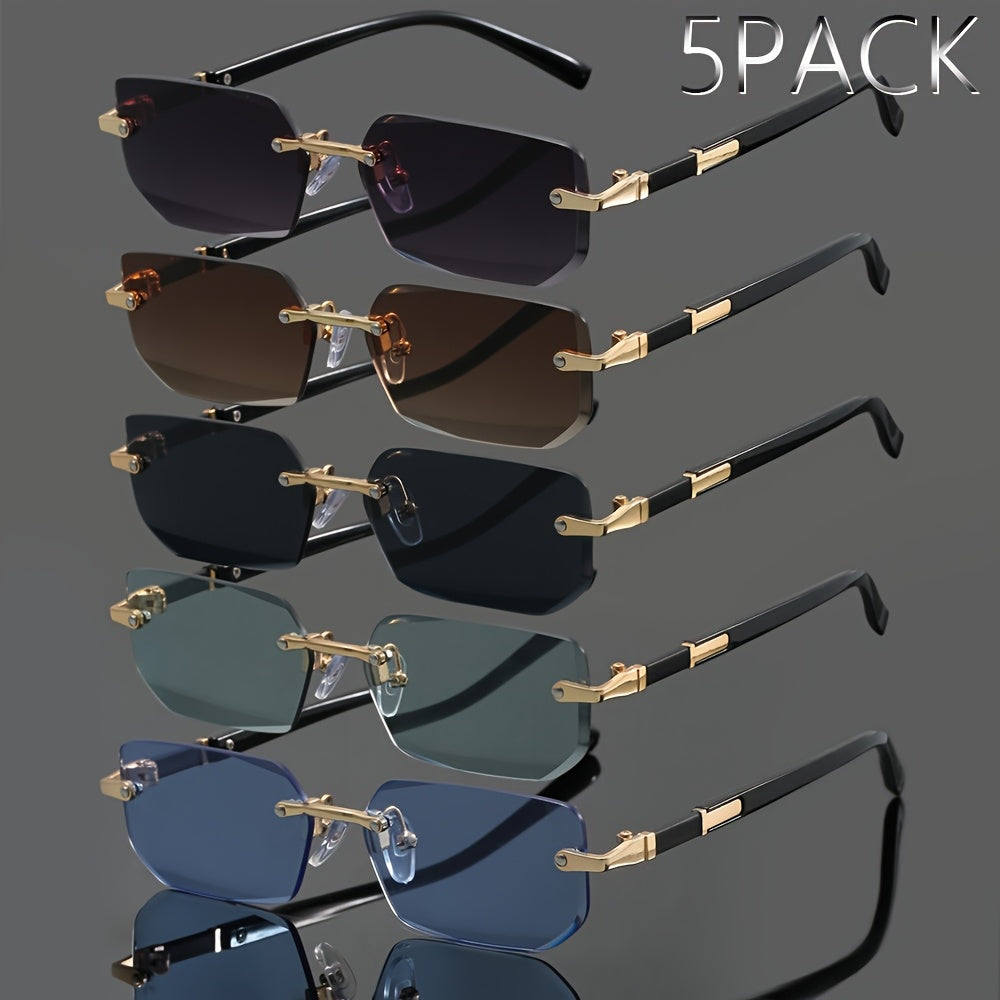 Lot de 5 paires de lunettes de soleil en métal sans monture pour hommes et femmes – Lunettes légères et tendance, styles assortis, protection UV pour fêtes estivales, style urbain et cadeaux de vacances