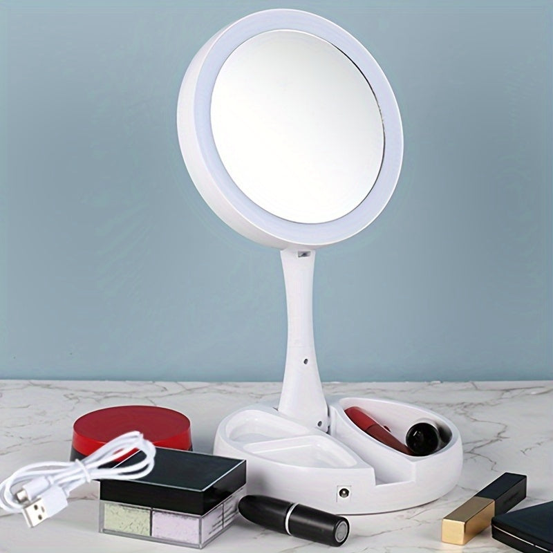 Miroir de maquillage LED avec grossissement 10X – Miroir de courtoisie double face éclairé, LED lumineuses, alimentation USB et piles, miroir de table facile à transporter pour salle de bain, chambre et coiffeuse