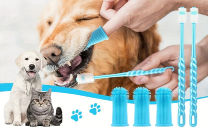 Kit de soins dentaires pour animaux de 3 pièces : brosse à dents en silicone à 360°, brosse à doigt et brosse à micro-filaments pour chiens et chats, souple et douce, aucune pile requise