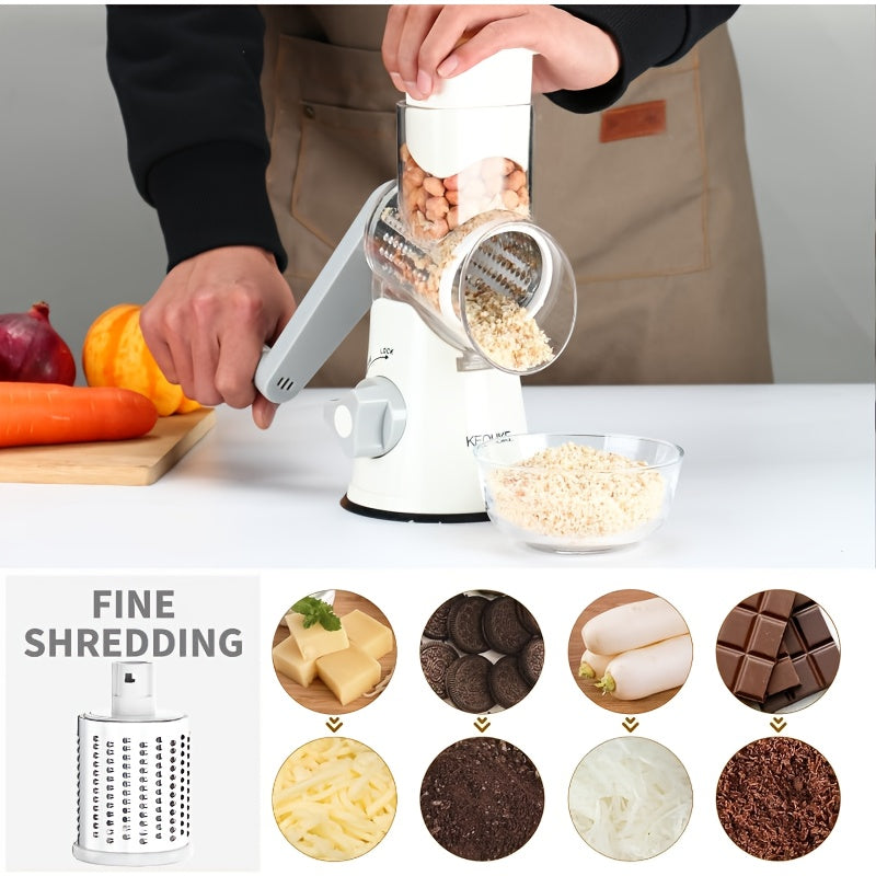 Râpe à fromage rotative manuelle avec 3 lames interchangeables - Base à ventouse antidérapante, brosse de nettoyage incluse, pour fromage frais, légumes et noix, cadeau d'ustensile de cuisine