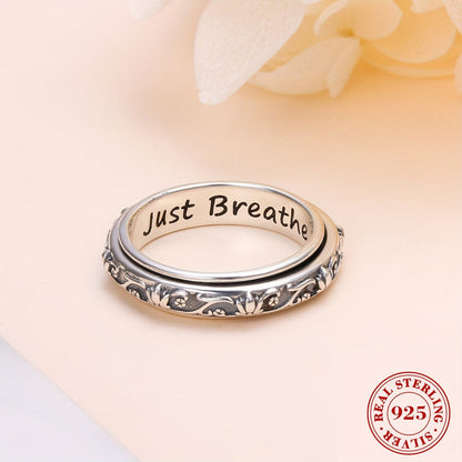 Bague anti-anxiété en argent sterling 925 avec motif fleur de lotus – Anneau rotatif oxydé « Just Breathe » pour soulager le stress, le TDAH, l'autisme et le yoga, bague unisexe pour l'inquiétude, tailles 57-67, cadeau pour femmes et hommes