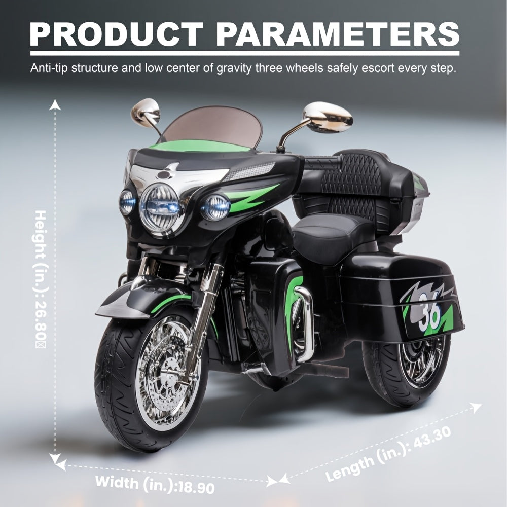 Moto électrique pour enfants 12V à 2 places avec 3 roues, Bluetooth, USB, lumières LED et coffre de rangement, sûre et durable, pour garçons et filles de 3 à 8 ans, cadeau d'anniversaire et de Noël, noir, blanc, rouge