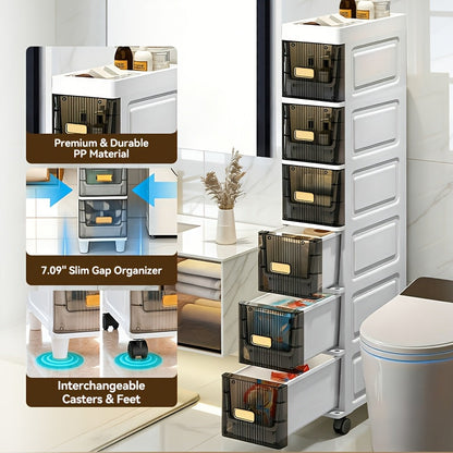 Meuble de rangement fin à roulettes avec tiroirs, organisateur en PP imperméable à 3, 4, 5 ou 6 niveaux pour salle de bain, cuisine, chambre, petits espaces – Tour de rangement étroite