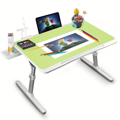 Plateau de lit pour ordinateur portable avec lampe USB, ventilateur et tiroir – Support d'ordinateur portable portable et réglable pour lit, canapé, bureau pour lire, écrire, manger, 10 couleurs et tailles