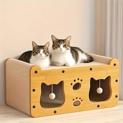 Maison à griffer en carton pour chat – Abri et couchage durables avec jouet plumeau, griffoir d'intérieur ventilé, disponible en tailles 17,7" et 22"