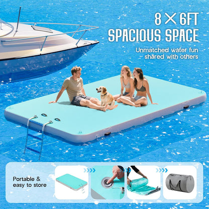 Plateforme flottante gonflable pour lac – Plateforme de baignade modulaire en PVC Drop Stitch de 3,6 m x 1,8 m avec anneaux en D, échelle de corde et pompe manuelle, tapis d'eau antidérapant pour adultes et enfants