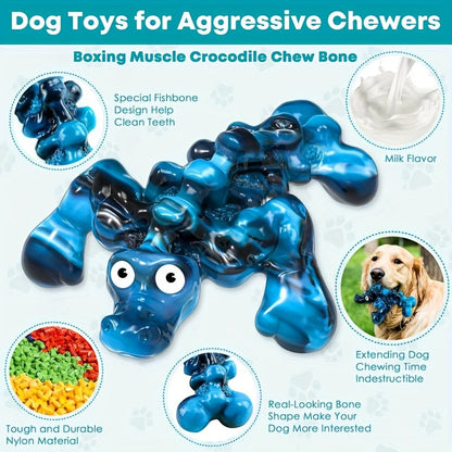 Jouet à mâcher indestructible en forme de crocodile pour chien – Jouet couineur durable en nylon et caoutchouc pour mâcheurs agressifs de 9 à 45 kg, saveur lait, texture à picots pour le nettoyage des dents, pour chiens de grande, moyenne et petite taille