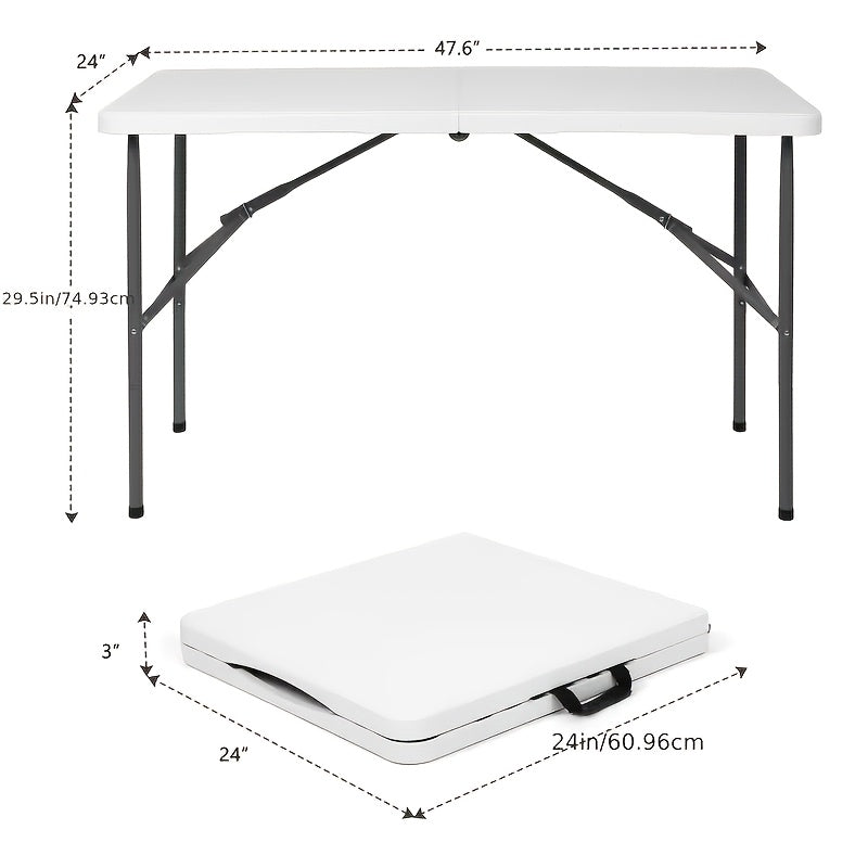 Table pliante en plastique portable 76 cm / 122 cm / 183 cm, table légère pliante en deux pour intérieur et extérieur avec poignée de transport et pieds verrouillables pour pique-nique, camping, fête, jardin, bureau, blanc