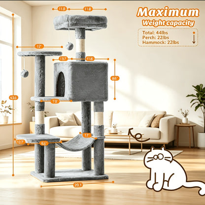 Arbre à chat de 112 cm avec poteaux à griffer en sisal naturel, grand hamac et niche fermée - Structure d'escalade multi-niveaux pour grands chats et foyers multi-chats, mobilier moderne pour animaux de compagnie