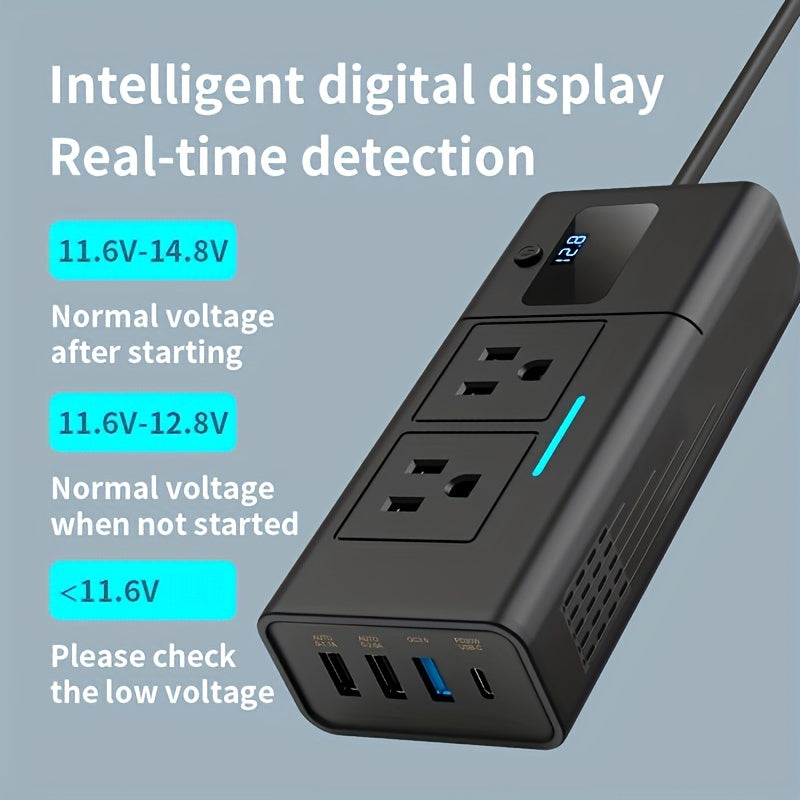 Onduleur de voiture 200W 12V vers 110V AC – Convertisseur DC vers AC avec USB-C, charge rapide QC3.0 et deux ports USB, adaptateur de prise de voiture pour ordinateur portable, téléphone, camping et voyages (aucune batterie requise)