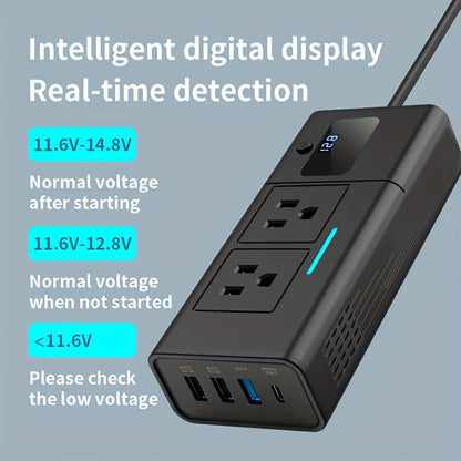 Onduleur de voiture 200W 12V vers 110V AC – Convertisseur DC vers AC avec USB-C, charge rapide QC3.0 et deux ports USB, adaptateur de prise de voiture pour ordinateur portable, téléphone, camping et voyages (aucune batterie requise)