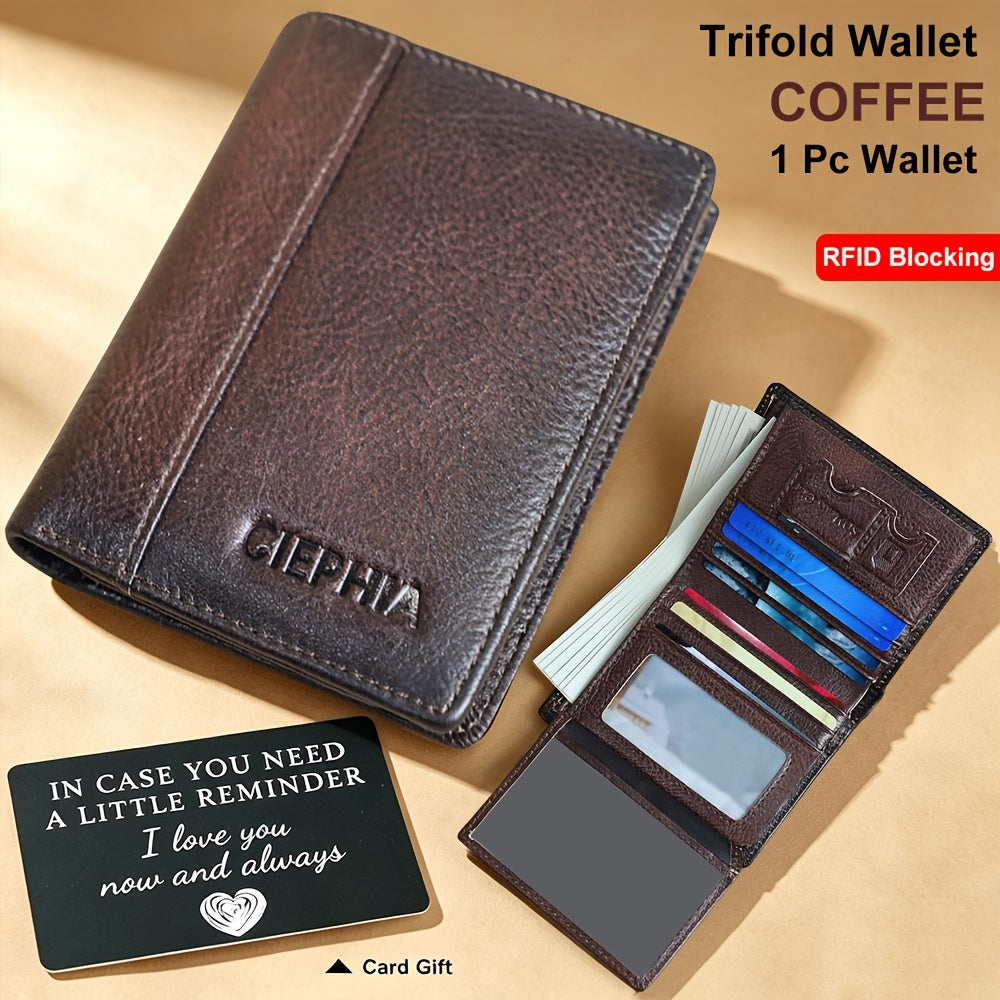 Portefeuille pour homme en cuir véritable avec protection RFID, trois volets, cuir de vachette vintage, porte-cartes de crédit, 2 fenêtres pour carte d'identité, pince à billets, emplacements pour espèces, cadeau de fête des pères pour papa ou mari