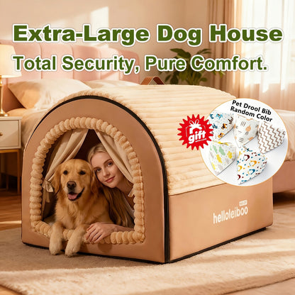 Niche pour chien pliable 2-en-1 toutes saisons – Maison pour animaux entièrement fermée avec poignée, nid douillet, doux et antidérapant, lavable pour chiens et chats de grande, moyenne et petite taille – Bavoir offert – Velora