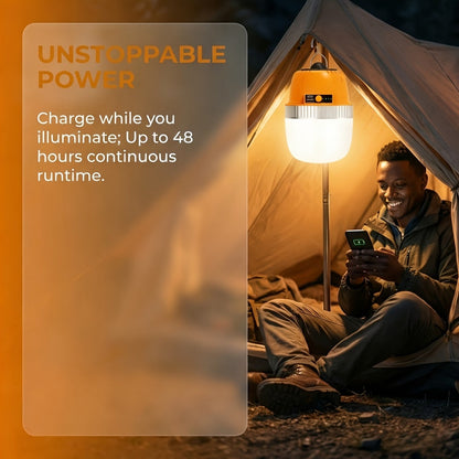 Lanterne de camping LED rechargeable par USB avec batterie externe intégrée, lampe de tente portable ultra-lumineuse pour camping, barbecue, terrasse, extérieur et urgences, recharge les téléphones portables, design autoportant et suspendu