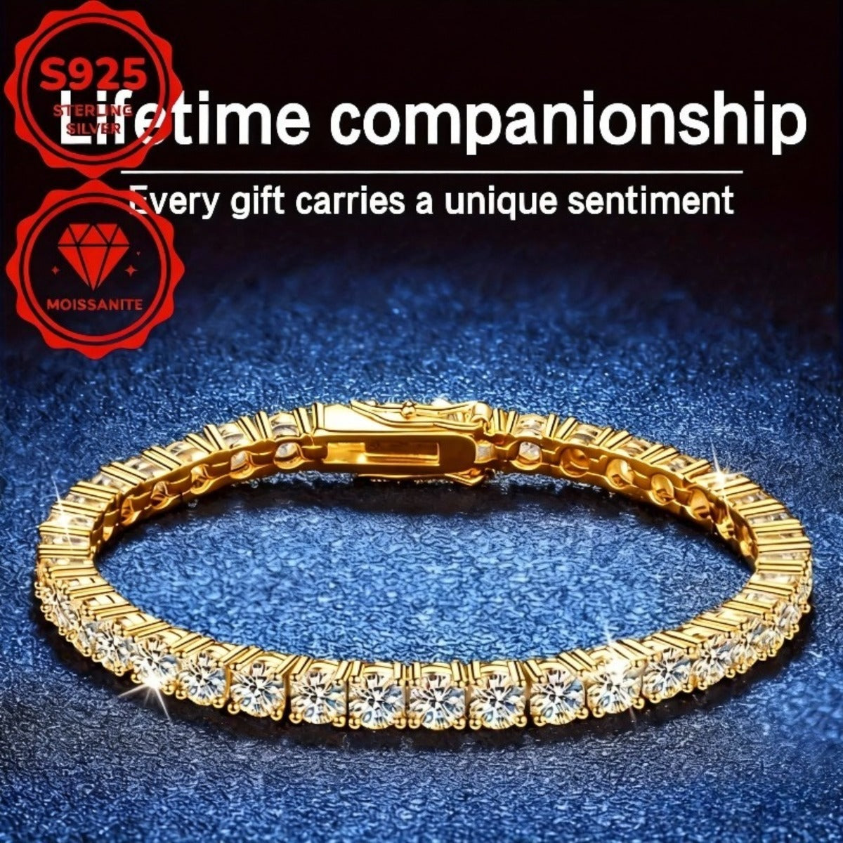 Bracelet tennis en argent  sterling S925 et moissanite pour femme – Finition or taille brillante 4 mm, style français élégant, hypoallergénique, tailles 15 à 23 cm, cadeau parfait pour un mariage ou un anniversaire (7,71 g)