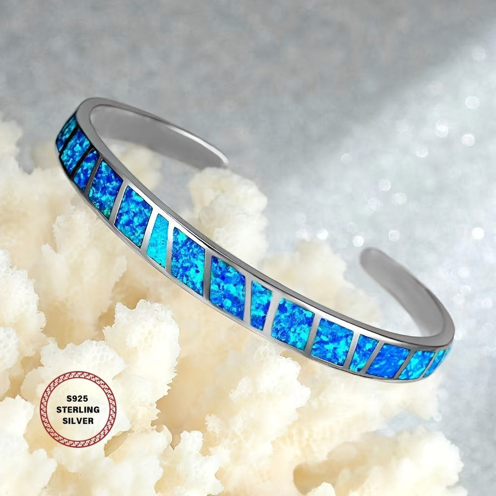 Bracelet vintage en argent 925 à opale bleue avec chaîne réglable – Bijou élégant pour femme pour le quotidien et les grandes occasions, accessoire classique et durable, disponible en bleu, rose et blanc