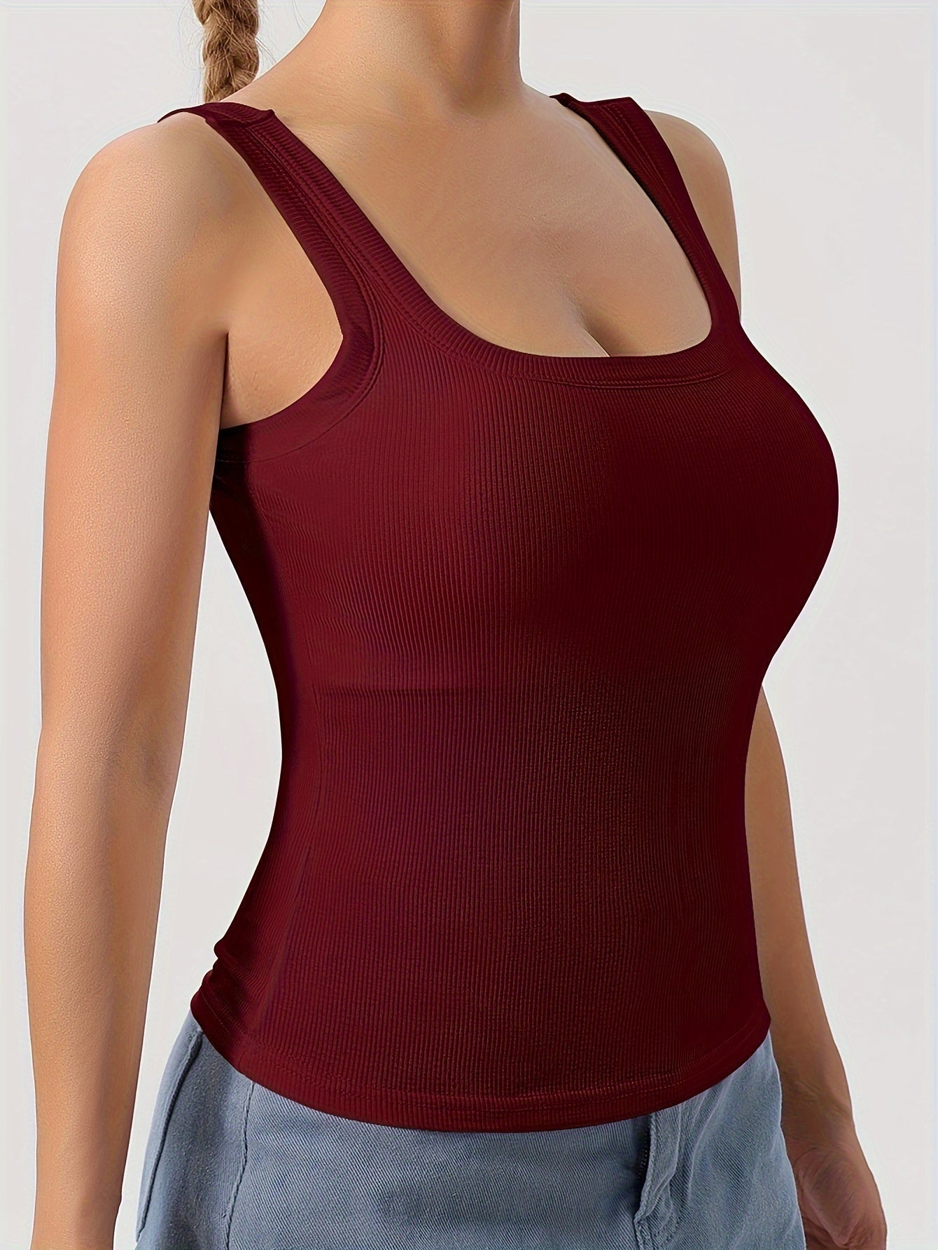 Women's Scoop Neck Tank Top Removable Chest Padding Slim Fit Casual Summer Sleeveless Top 8 Colors XS-XL