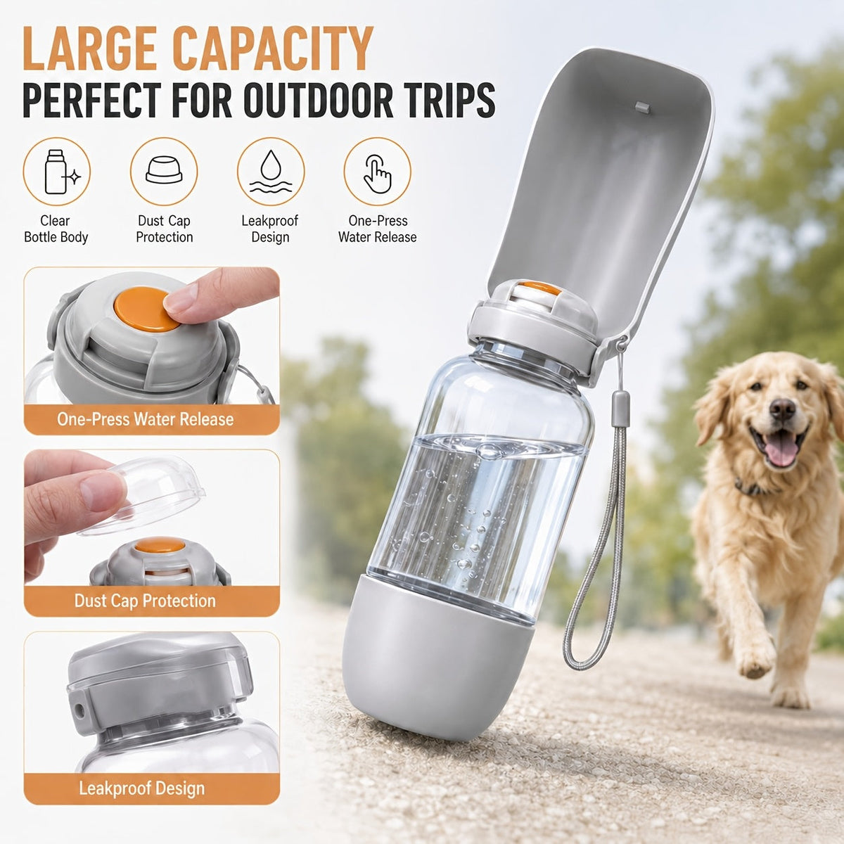 Gourde portable pour chien 2-en-1 avec écuelle - Distributeur d'eau anti-fuite de 520 ml pour animaux, grande capacité pour promenade, randonnée et camping