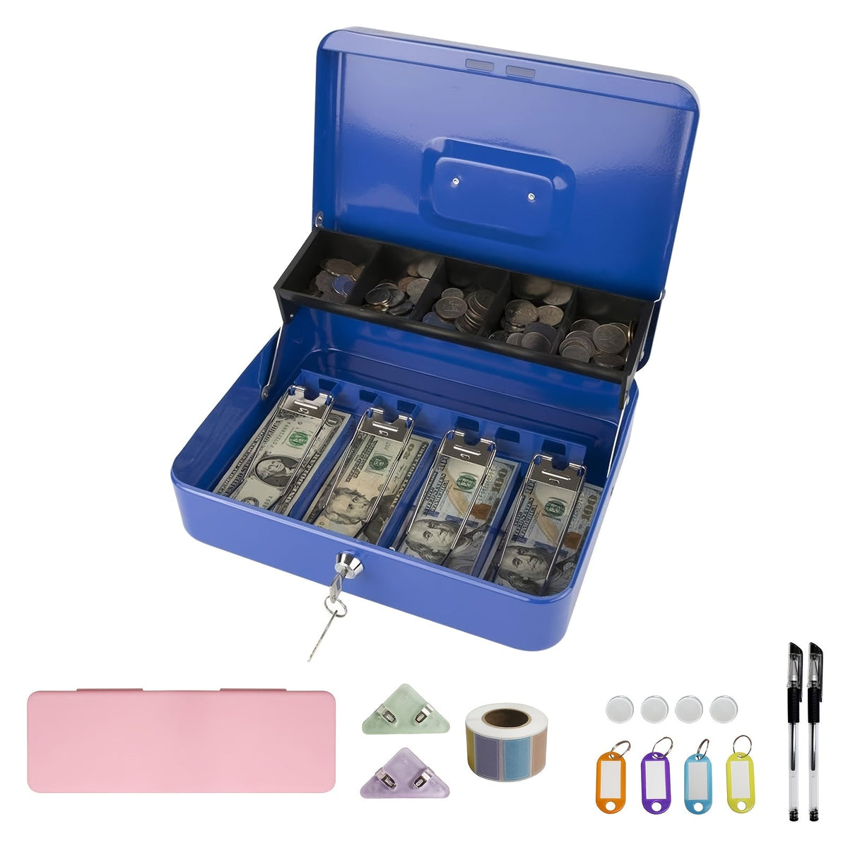 Grande caisse verrouillable avec plateau à monnaie – Coffre de sécurité en métal avec 6 accessoires pour caisse enregistreuse, maison, bureau et entreprise, 6 couleurs, options de verrouillage à clé et à combinaison