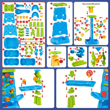 Table de jeu double face eau et sable pour enfants avec mur de labyrinthe à cascade – Table de jeu sensoriel d'extérieur pour tout-petits, garçons et filles – Station d'activité estivale de plage pour le jardin, la terrasse et la piscine