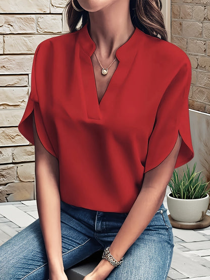 Chemisier ample à col en V et manches chauve-souris pour femme, haut pull uni - Style décontracté pour le travail au printemps, en été et en automne | Chemise légère et respirante