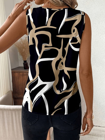 Women's Geometric Print Sleeveless Vest – Elegant Woven Polyester Tank Top, Colorful Pattern Blouse for Spring Summer, Casual & Dressy Sleeveless Top, Sizes S-XXL