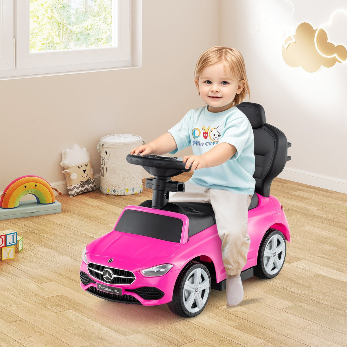 Voiture porteur 3-en-1 sous licence Mercedes-Benz pour tout-petits de 18 à 36 mois, voiture coulissante pour enfants avec volant sonore, barre de poussée, auvent réglable et rangement sous le siège - Cadeau de poussette trotteur rose
