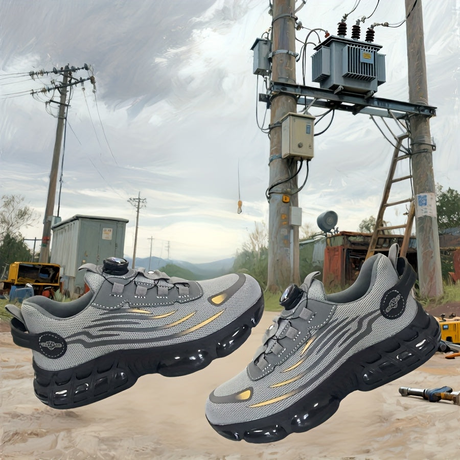 Chaussures de sécurité à embout d'acier pour hommes et femmes – Baskets de protection légères et respirantes avec semelle antidérapante, bout rond, coupe basse – Idéales pour la construction, l'entrepôt, l'extérieur et le camping (Noir/Gris, US 5–12,5)