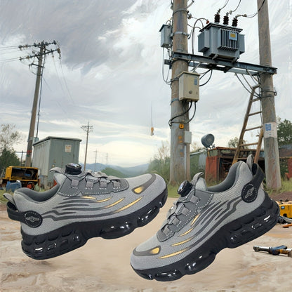 Chaussures de sécurité à embout d'acier pour hommes et femmes – Baskets de protection légères et respirantes avec semelle antidérapante, bout rond, coupe basse – Idéales pour la construction, l'entrepôt, l'extérieur et le camping (Noir/Gris, US 5–12,5)
