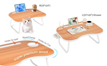 Support pour ordinateur portable avec port USB, tiroir de rangement et porte-gobelet – Plateau de lit en bois noyer pour manger, écrire, canapé, adultes et étudiants