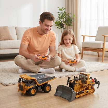 Coffret cadeau véhicule de chantier radiocommandé 4-en-1 - Excavatrice, camion benne et bulldozer télécommandés 2,4 GHz à 11 canaux, jouets de construction en alliage et plastique pour enfants, garçons et débutants