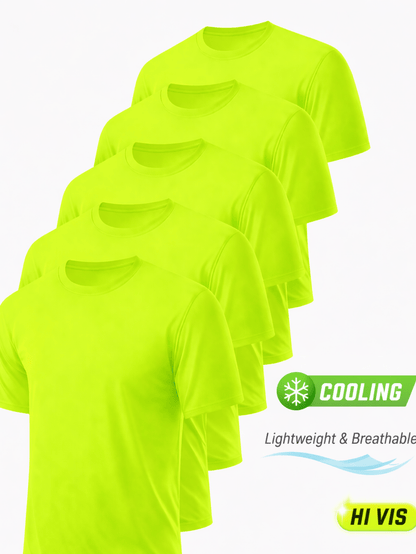 Lot de 5 chemises de travail de sécurité pour hommes UPF 50+ – T-shirts de performance respirants à séchage rapide pour les travaux en extérieur, jaune fluorescent haute visibilité, S-XXXL, cadeau pour papa