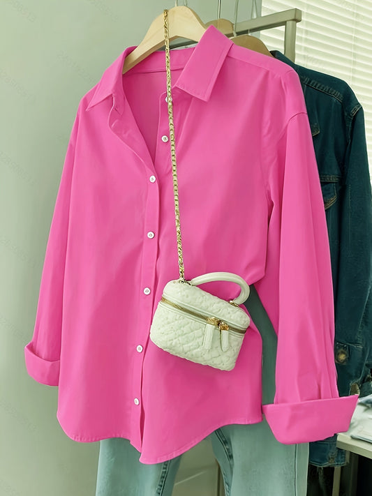 Chemise boutonnée à manches longues pour femme, chemisier décontracté à coupe ample de couleur unie, chemise de travail classique à col pour femme