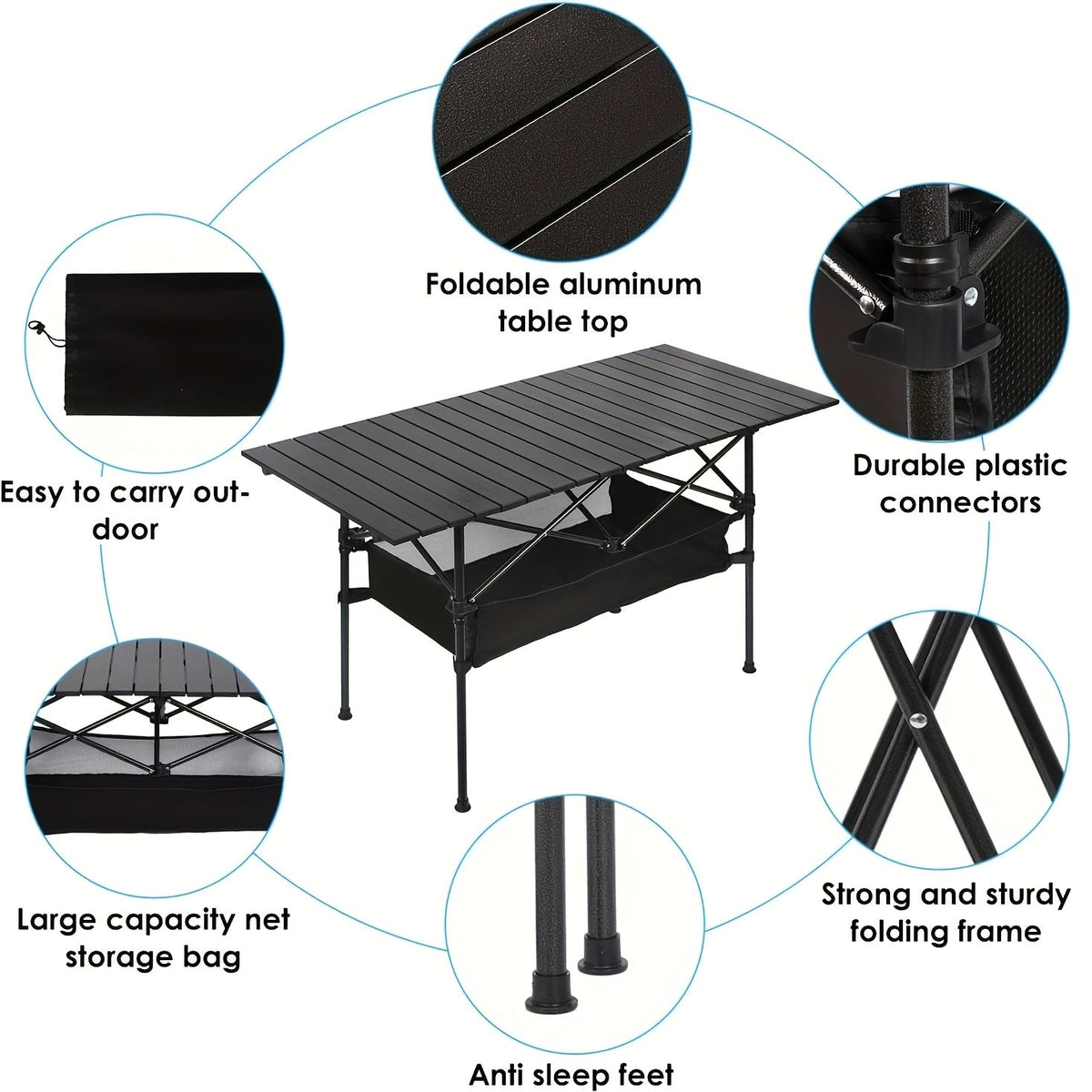 Table de camping pliante portable en aluminium, légère, pour pique-nique en plein air, avec filet de rangement et sac de transport – Hauteur réglable 95 cm, facile à ranger, pour camping, plage, jardin, barbecue, fête et terrasse