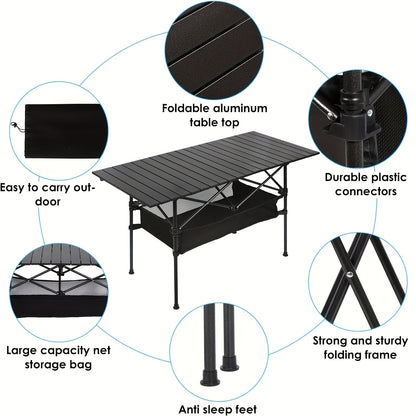 Table de camping pliante portable en aluminium, légère, pour pique-nique en plein air, avec filet de rangement et sac de transport – Hauteur réglable 95 cm, facile à ranger, pour camping, plage, jardin, barbecue, fête et terrasse