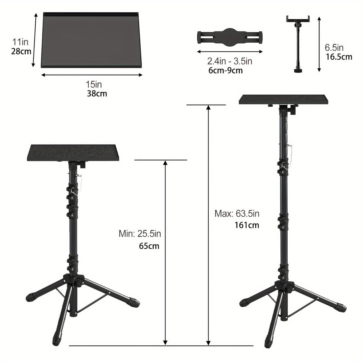 Trépied pour projecteur et ordinateur portable – Hauteur réglable avec support de téléphone col-de-cygne, plateau inclinable à 180°, capacité de 10 kg, support au sol portable pour bureau, maison, scène, studio et DJ